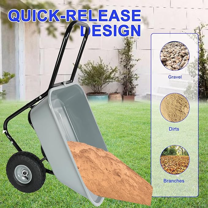 Metal Wheelbarrow, Easy Loading and Dumping Garden Cart with Steel Tray, Durable Heavy Duty Utility Trolley for Transporting, Soil, Sand (Gray, 2 Wheels)