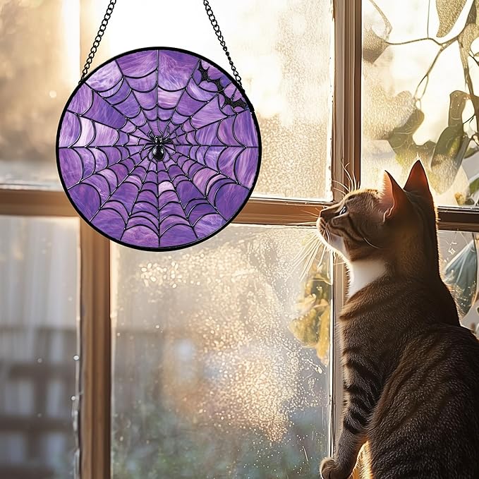 Stained Glass Window Hanging 4 Pcs Set Purple Gothic Theme Large 11.8" - Horror Halloween Suncatcher Door Garden Sun Catcher Decor Birthday White Elephant Gifts for Mom Woman Men Friend