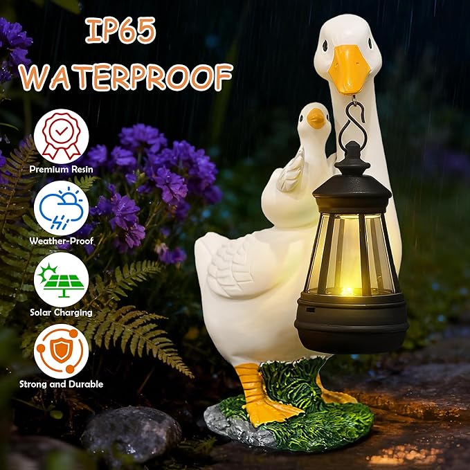 Solar Porch Goose Garden Statues - Goose Sculptures with Lantern Outdoor Decoration Waterproof Figurine Lights for Outside Patio Yard Decor Lawn Ornaments Birthday Gifts for Grandma Mom Women