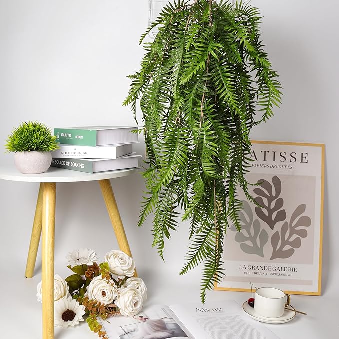RECUTMS Fake Hanging Plants Artificial Boston Ferns Ivy Vines Leaves Foliage UV Resistant Faux Greenery Plastic Garland for Outdoor Indoor Room Front Porch Wedding 2 Pack(Green)