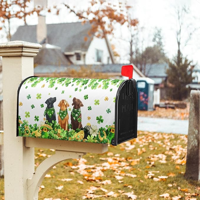 St. Patricks Day Mailbox Cover Magnetic, 25.5"x21" Patrick Dog Lucky Clover Elf Hat Mailbox Wrap, Spring Shamrocks Large Size Waterproof Letter Post Cover for Garden Yard Outdoor Decor