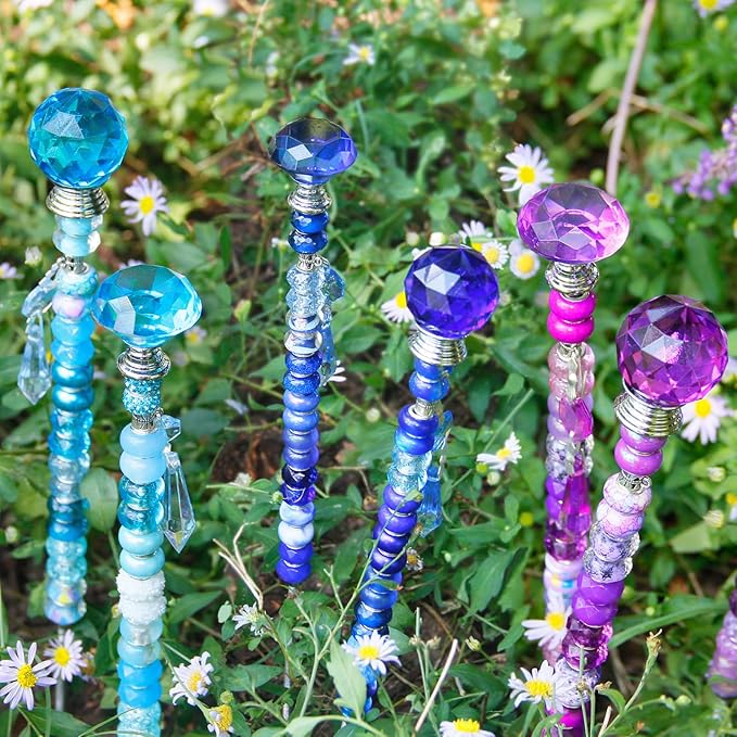Exway 150 PCS DIY Fairy Wand Beaded Garden Stake Kits with Assortment Large Hole Beads 6 Crystal Stopper Top Threaded Rods and Sparkling Crystal Pendants for Outdoor Indoor Decor