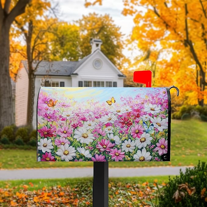 Pink Flower Mailbox Cover Summer Butterfly Mailbox Covers Magnetic Standard Size Spring Daisy Mail Box Wrap Colorful Floral Post Letter Box Cover 21x18 inch for Garden Farmhouse Outdoor Decoration