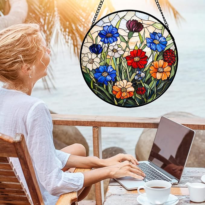 Stained Glass Suncatcher, Colorful Flowers Green Leaf Sun Catcher Landscape Stain Glass Window Hanging Decoration Mother's Day Birthday Gifts for Women Men Mom Nana 7.8 in