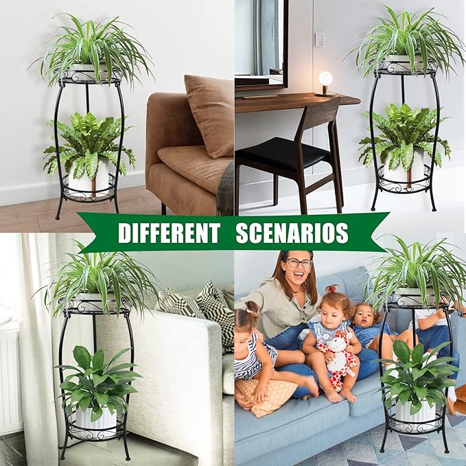 MOCORY Plant Stand Indoor Outdoor 2 Tier 27" Tall Metal Potted Holder Flower Pot Stand Heavy Duty Plant Shelf Rustproof Iron Multiple Plant Round Supports Rack for Planter Corner Garden Balcony Patio