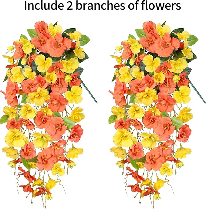 Artificial Hibiscus Fake Hanging Flowers Plants for Outdoors Fall Autumn Decoration, 2pcs Silk Hibiscus Trailing Vines UV Resistant Realistic Faux Flowers for Outside Front Door Porch Yard Indoor, Mix