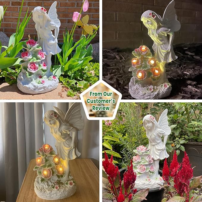 Garden Figurines Angel Garden Statue Outdoor Decor, Solar Powered Resin Sculpture with 5 LEDs Art Decoration for Patio Lawn Yard Porch, Ornament Housewarming Gift, 11“ H