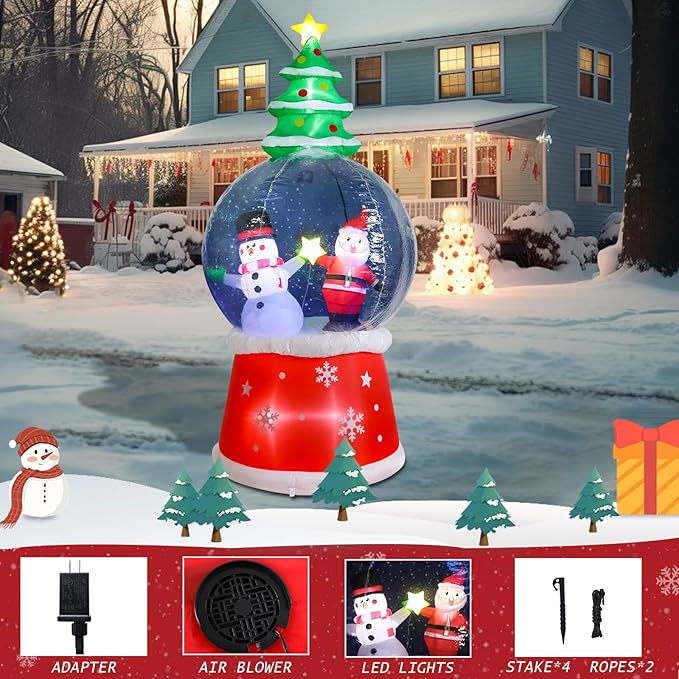 7.6 FT Christmas Inflatable Outdoor Decorations, Inflatable Snow Globe with Santa Claus and Snowman Built-in LED Lights Blow Up Yard Decorations for Holiday Indoor Outdoor Party Garden Lawn