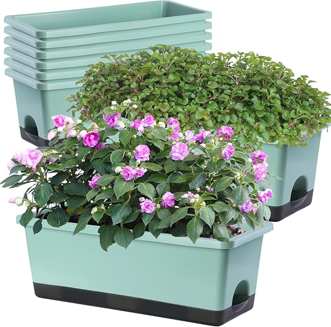 Window Box Planter 8 Pcs, 17 Inches Rectangle Flower Pots with Drainage Holes and Trays, Vegetable Planters for Windowsill Patio Garden Balcony Home Porch Yard Indoor Outdoor