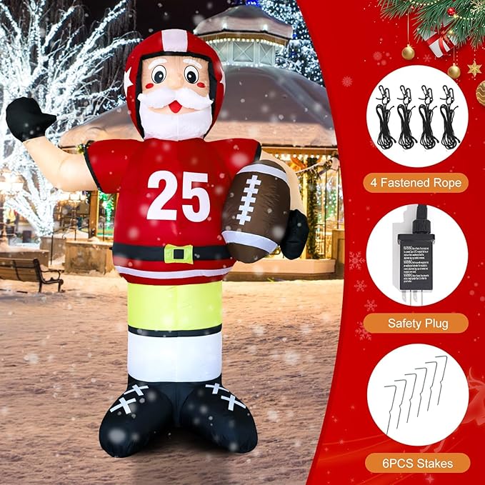DearSun 8FT H Christmas Inflatable American Football Santa,Football Party Decorations,Blow Up No.25 Rugby Santa Player with Build-in LED Lights, Inflatable Player for Football Party Decor