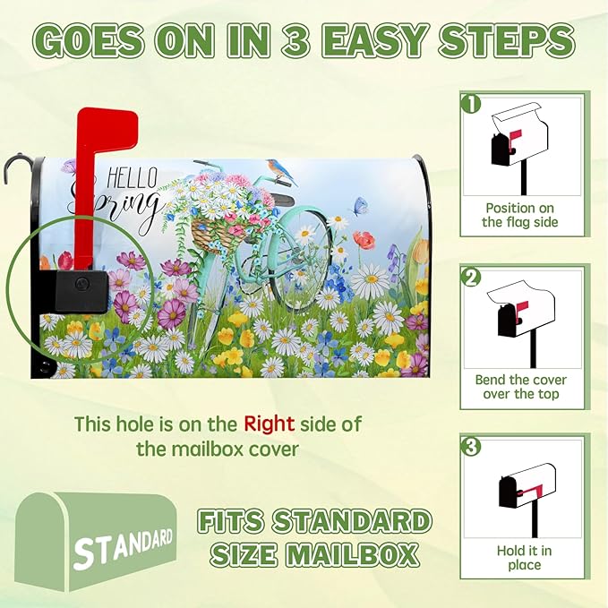 Hello Spring Mailbox Cover - Daisy Mailbox Covers Magnetic Standard Size 21x18 in - Beautiful Floral Bicycle - for Outside Garden Decoration