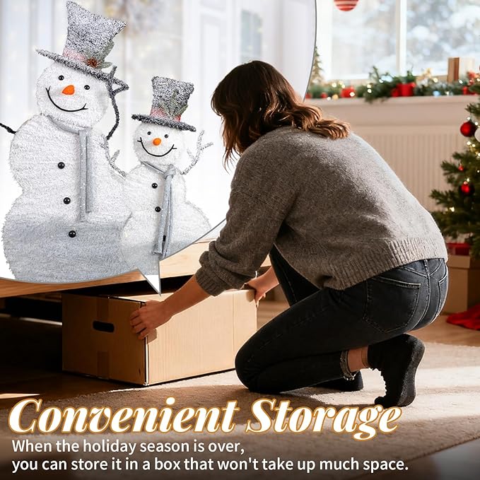 VINGLI 5ft Set of 2 Lighted Snowman Christmas Decorations, 2D Tinsel Snowmen with Top Hats, 80 Warm White LED Lights, Indoor Outdoor Xmas Yard Lawn Porch Holiday Decor