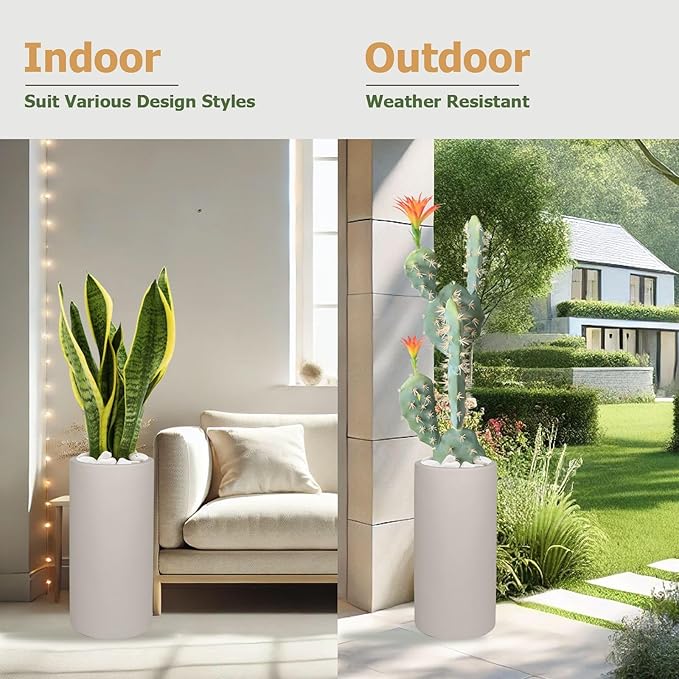 19.5"H x 9.8"D Tubo Fiberstone Cylinder Tall Planter, Christmas Tree Planter, Smooth Finishes, Weather Resistant for Indoor & Outdoor Use, Included 2 Extra Coco Mats (Taupe,8.2" Pot Opening)