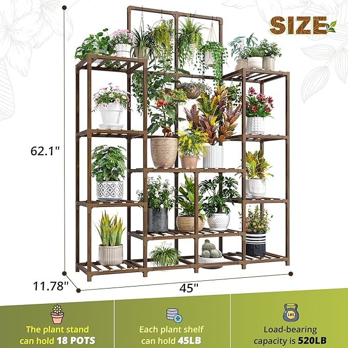 EnHomee Plant Stand Indoor Tall Plant Stand Outdoor Large Wood Plant Shelf Indoor for 18 Pots Plants,4-tiers Plant Holder for Patio Living Room Gardening Balcony 45" Wx62.1 Hx11.78 D