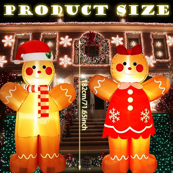 Ceenna 2 Pcs 6 ft Gingerbread Man Christmas Inflatable Welcome Gingerbread Couple Inflatable Set with Built in LED Lights Blow up Christmas Yard Garden Lawn Lighted Decor for Outdoor Xmas Lawn Decor