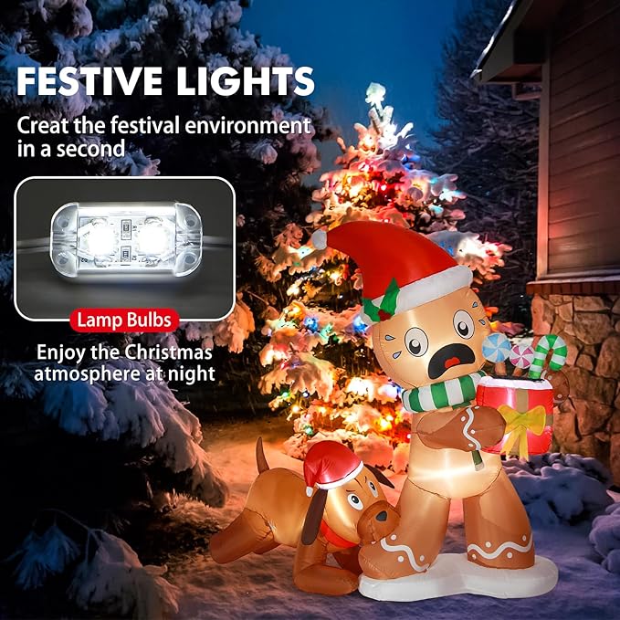 5FT Christmas Inflatable Gingerbread Man & Dog Outdoor Decoration, Christmas Funny Blow Up Yard Decoration, Built-in LED Lights Inflatables Xmas Holiday Décor for Indoor Lawn Garden