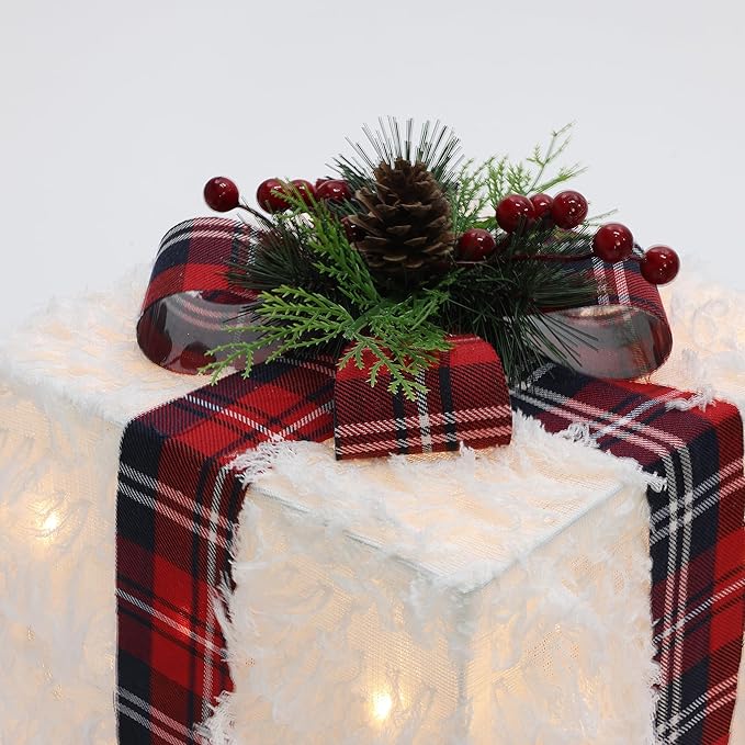LuxenHome Set of 3 Lighted Gift Boxes, Battery Operated White Feathery Fabric with Red Ribbon Bow Boxes for Xmas, Lawn, Porch, Under Tree Indoor, Outdoor Christmas Decorations