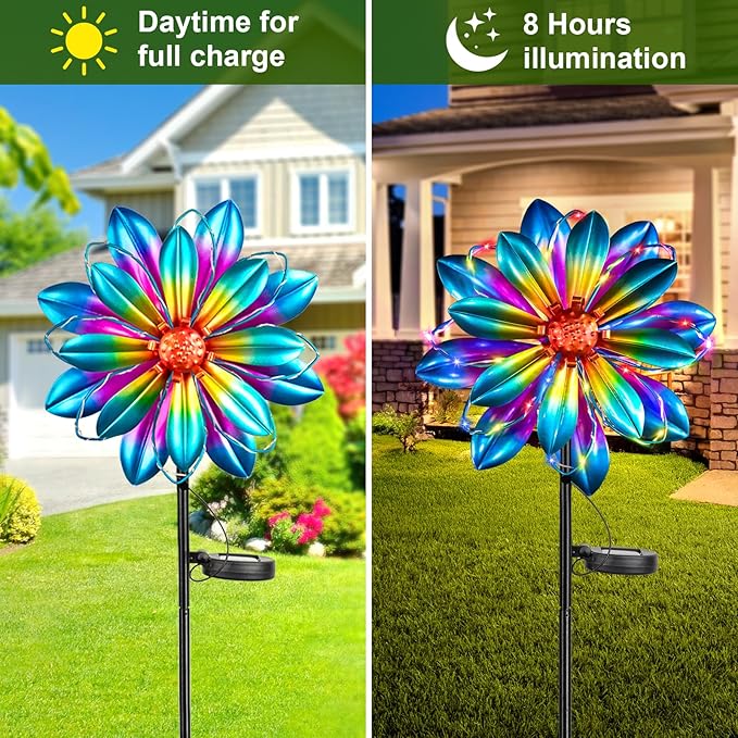 Flower Solar Wind Spinners - 61'' Metal Colorful Spinning Windmill Garden Ligths with LED Outdoor Decorative Stake Lighting Waterproof Flower Sculpture for Patio Yard