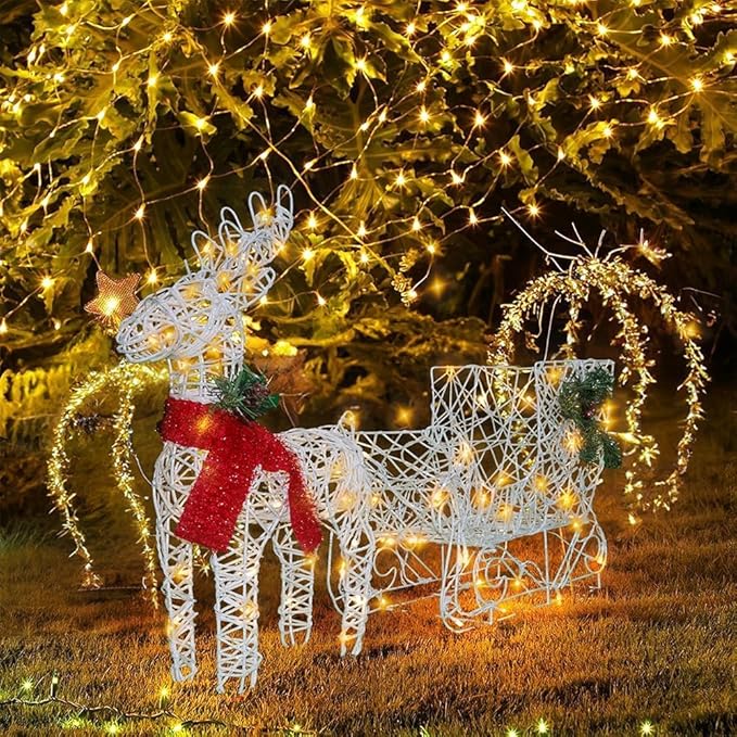 Lighted Reindeer & Sleigh Christmas Decor, 17" Pre-lit Rattan Deer 3D Holiday Displays, 70 Warm White LED, Indoor/Outdoor Yard Decoration, Easy Assembly & Durable Frame, White