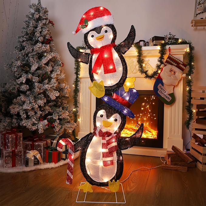 WATERGLIDE Set of 2 Lighted Christmas Tinsel Penguins, Pre-Lit 2D Stacked Penguin with Incandescent Lights, Light Up & Plug in for Indoor Outdoor Festive Xmas Holiday Garden Yard Lawn Decor