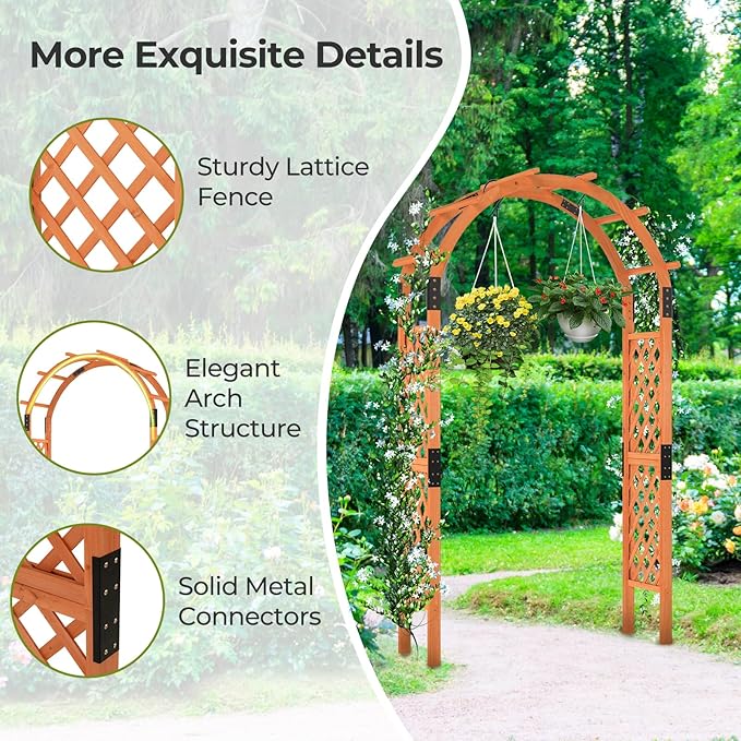 7.7ft Garden Arch, Wooden Wedding Arch with Top & Side Trellis, Garden Arbor Trellis for Climbing Plants Outdoor, Backyard & Lawn