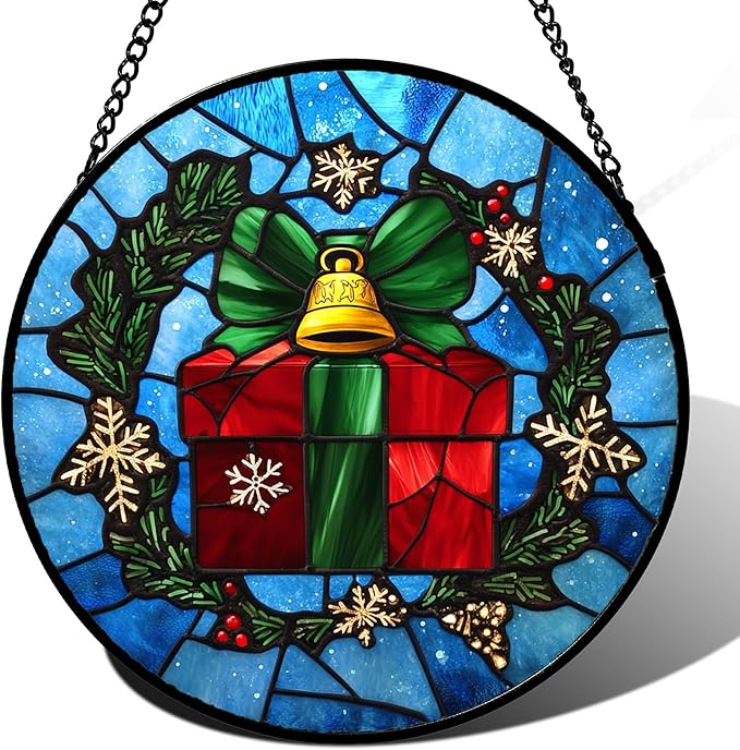 Stained Glass Window Hanging - Holly Branch Gift Box Suncatcher for Doors Home Christmas Decoration Winter Sun Catcher Thanksgiving New Year Birthday Gifts for Women Men Mom Nana Girl 11.8 in