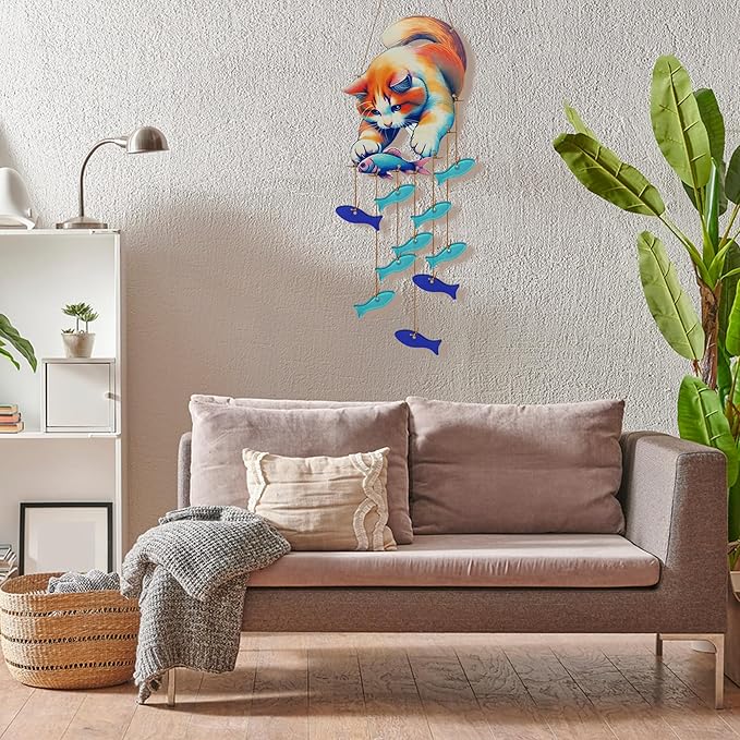 Cute Kitten Fish Wind Chimes for Outside, Handcrafted Windchimes Outdoors Unique,Suncatchers Sea Glass Art Windchimes Outdoors, Patio Beach Hanging Outdoor Home Garden Decor, Memorial Gifts for Women