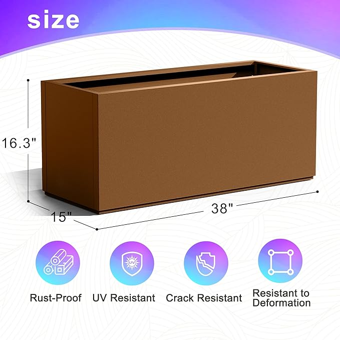 Tall Metal Planter, 15" W×16.3" H Large Rectangular Planter Box for Outdoor or Indoor, All-Weather Durable Plant Box with Drainage Holes & Removable Shelf for Patio, Porch, Garden, Trees, Flowers