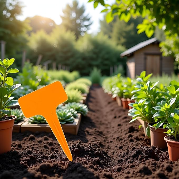 50Pcs Orange Plant Tags Plastic T-Type Nursery Garden Labels Markers Plant Stakes Garden Decoration, Pots, Plant Labels, Planters and Container Accessories,Gardening Tool