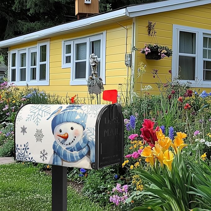 Winter Snowman Mailbox Cover Blue Bird Mailbox Covers Magnetic Snowflake Post Letter Box Cover Standard Size 21x18 inch for Garden Outdoor Yard Decor White