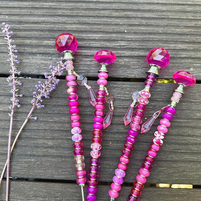 Exway 100 PCS DIY Fairy Wand Beaded Garden Stake Beads Kits with Rose Red Large Hole Beads 4 Crystal Stopper Top Threaded Rods and 4 Rose Red Sparkling Crystal Pendants for Outdoor Indoor Decor