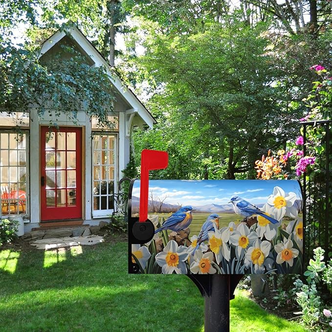 Spring Mailbox Covers Magnetic Oversized Summer Bluebirds Daffodil Post Letter Cover Floral Bird Mailbox Wraps Blue Sky Mail Box Decor for Garden Yard Large Size 25.5 X 21 Inch