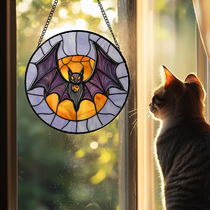 Stained Glass Window Hanging Halloween Black Purple Bat Monster Moon Large 11.8" - Suncatcher Door Garden Sun Catcher Gothic Decor Birthday Horror Funny Gift for Mom Woman Nana Friend Men