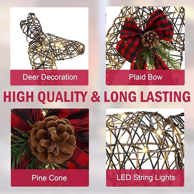 LuxenHome 3PCs Reindeer Christmas Decoration, Lighted Rattan Reindeer Family with 110 LED Lights & Red Bows, Indoor & Outdoor Lighted Christmas Decorations Outdoor for Lawn, Porch, Yard Display