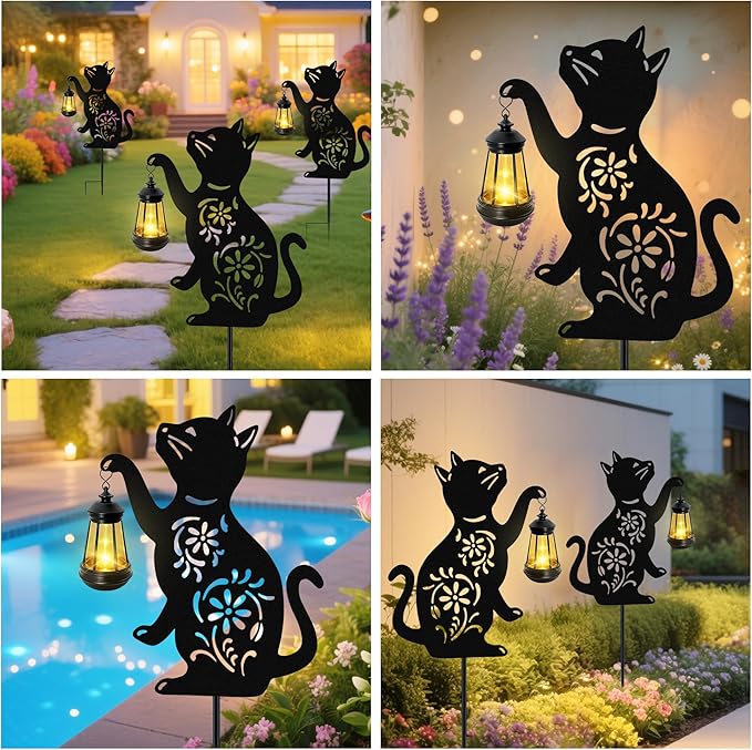 Solar Cat Hanging Lantern Outdoor, Christmas Black Cat Solar Lights, Cat Lover Gifts for Women Mom Grandma Birthday,Mother's Day,Waterproof Garden Ornaments Decor Outside Backyard,Patio,Pathway