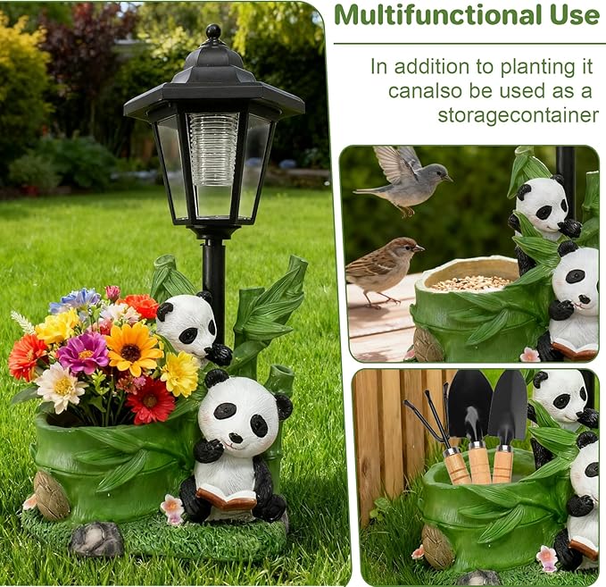Panda Outdoor Statue with Solar Lantern Flowerpot for Garden Decor Panda Sculpture Figurine Bamboo for Patio Balcony Yard Lawn Decorations Gifts for Women Mom