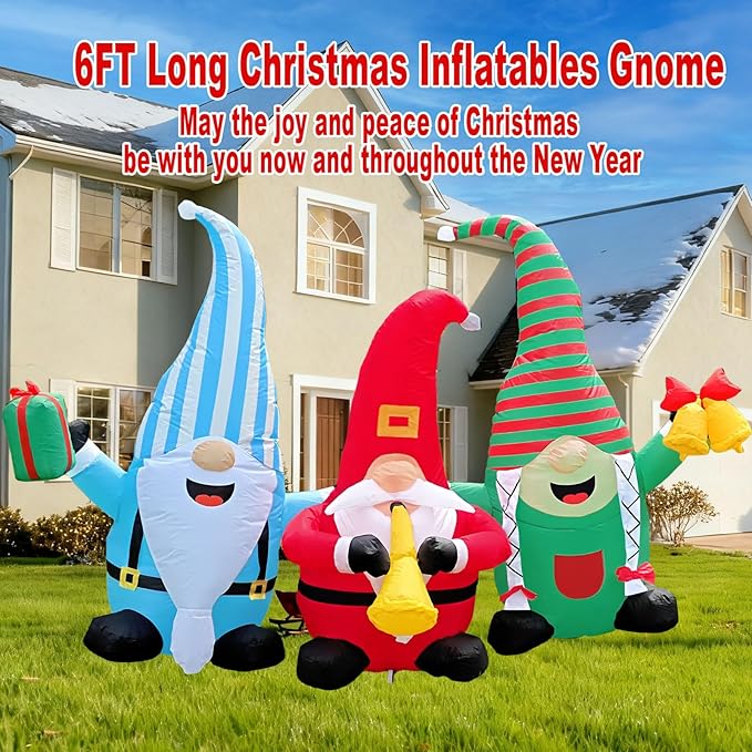 Christmas Decorations Inflatables Outdoor, 6FT Long 3 Gnomes with Gift Box, Trumpet and Bell, Cute Xmas Blow Up Built-in LED Lights Holiday Decor for Indoor Garden Yard Lawn