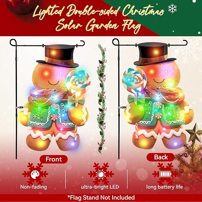 Lighted Christmas Garden Flag - 18x13-inch Waterproof Outdoor Gingerbread Man Christmas Decoration with 24 Glow-in-The-Dark LED in 8 Patterns, Perfect for Yard, Porch, and Lawn Decorations