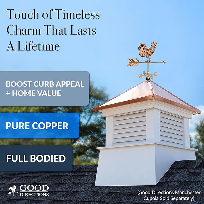 Good Directions Polished Copper Rooster Cottage Weathervane – Decorative Rooftop Accent for Barns, Homes, Sheds, and Cupolas – Durable & Handcrafted