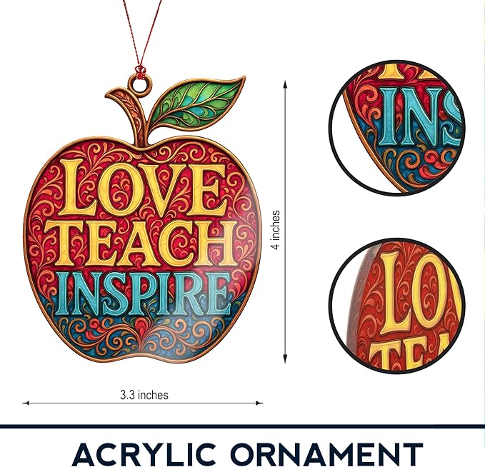Teacher Appreciation Ornament – Love Teach Inspire Apple – Style Teacher Gift for Christmas, End of Year, or Thank You