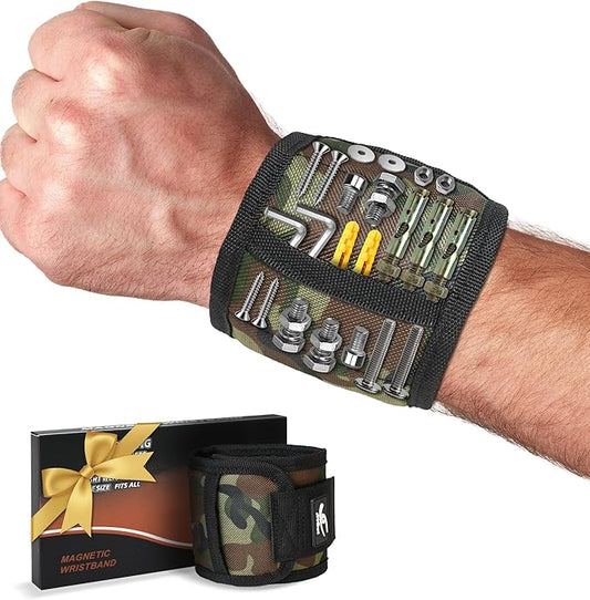 HiRui Magnetic Wristband for Tools – Ultra-Strong 15 Neodymium Magnets Hold Screws, Nails & Bits, Dual Pockets – Hands‑Free for DIY, Home Repairs, Auto – Gift‑Ready for Dad, Husband, Grandpa (CAMO)