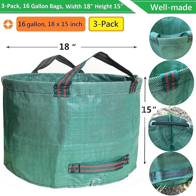 Standard 3-Pack 16 Gallons Yard Garden Bags (D18,H15 inch) W/Gardening Gloves, Reusable Leaf Bags,Grass Clippings,Lawn Debris Bag,Laundry Container,Patio Trash Bin,Weeds Bag,Yard Waste Bags 4 handles