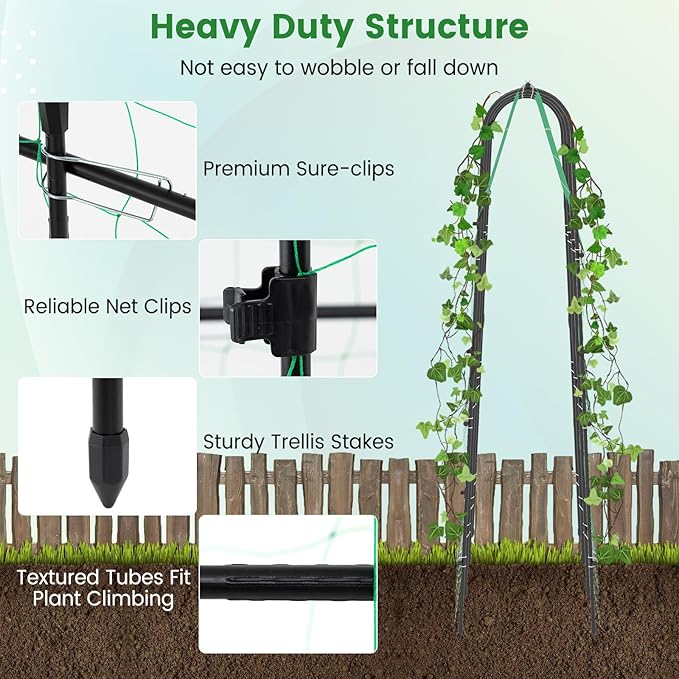 71" x 71" Cucumber Trellis for Raised Bed, Garden Arch Trellis Metal Plant Support Frame with Netting, Sure-Clips & Ground Stakes, U-Shaped Garden Trellis for Climbing Plants Outdoor