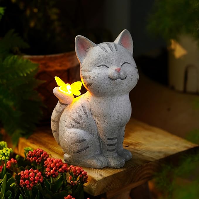 Solar Garden Cat Statue with LED Butterfly Light, Decorative Resin Outdoor Figurine 7.7in, Yard Lawn Ornaments Porch Patio Balcony Home House - Birthday Gifts for Grandma Mom Women
