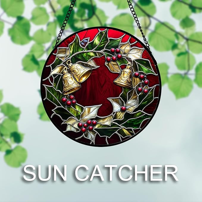 Stained Glass Window Hanging 4 Pcs Set Christmas Golden Bell Sleigh 7.8" - Suncatcher Door Garden Sun Catcher Decor Birthday Mother's Day Xmas Gifts for Mom Woman Nana Men Parents