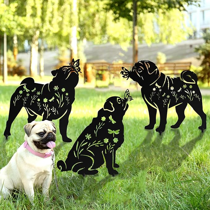 3 Pcs Metal Dog Garden Decor for Outside 12" Puppy Garden Stake Black Silhouette Statues Outdoor Decoration for Animal Lovers Gifts Women Men Patio Lawn Lawn Yard Art(Pug Dog)