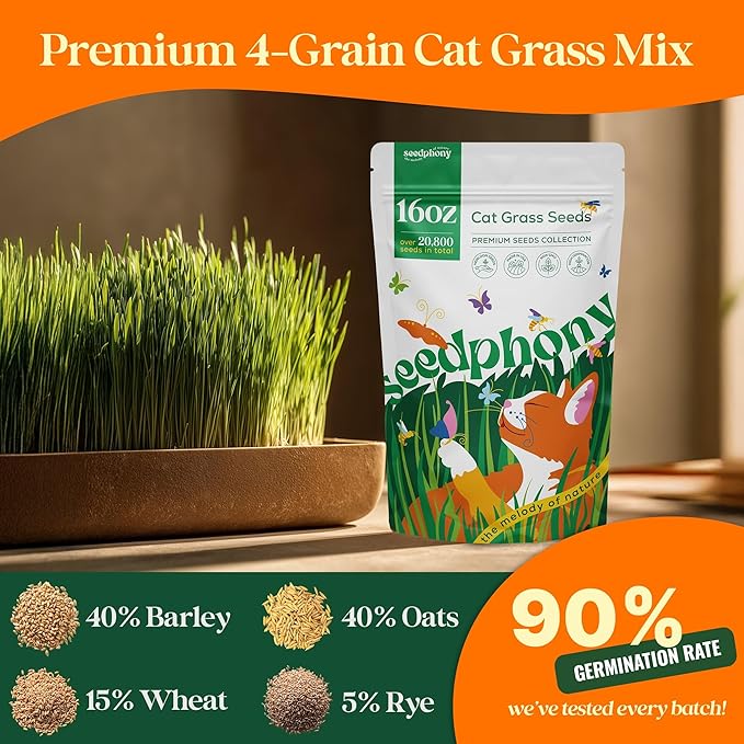 Cat Grass Seed Mix – 16 oz Pack with 20,500 Non-GMO Heirloom Seeds for Cats, Barley, Oat, Rye & Wheatgrass for Indoor Growing, Fresh Pet Grass for Digestion & Hairball Control