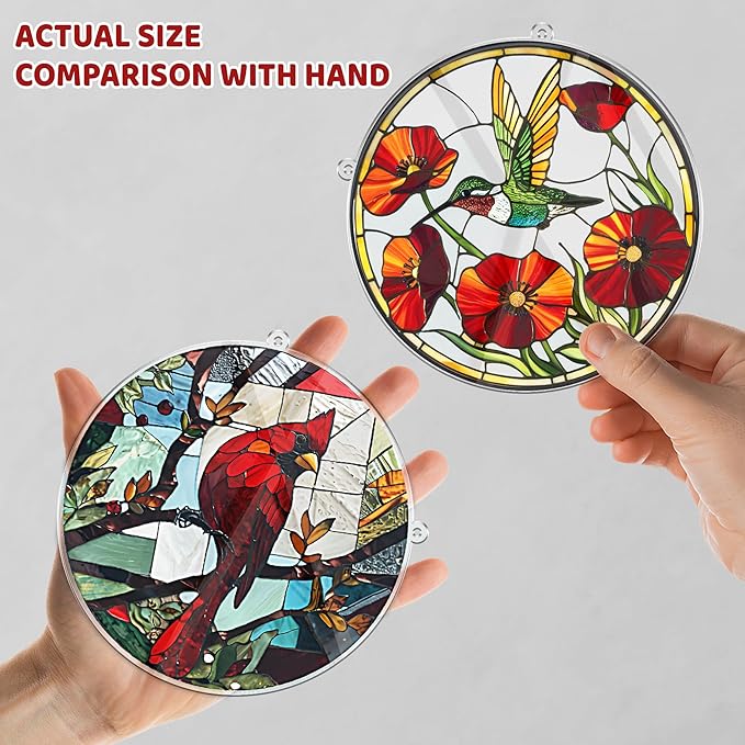 2 Hummingbird Cardinal Acrylic Suncatcher, Art Decor for Home, Suncatcher for Window Hanging, Indoor, Garden, Housewarming, Gift for Mom, Grandma, Women, Friend, Bird Lovers SCB-A6-B1