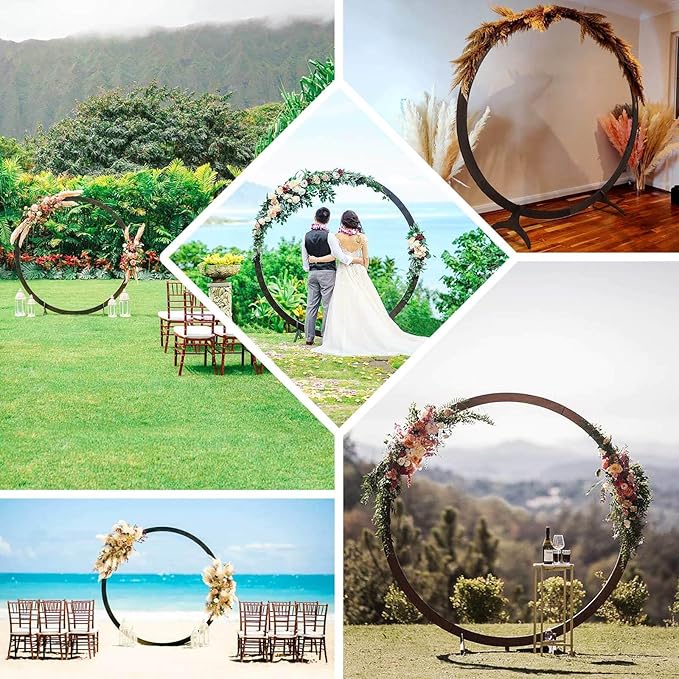Efavormart 7.4ft Dark Brown Wood DIY Round Wedding Arch Backdrop Stand, Rustic Photo Backdrop Stand
