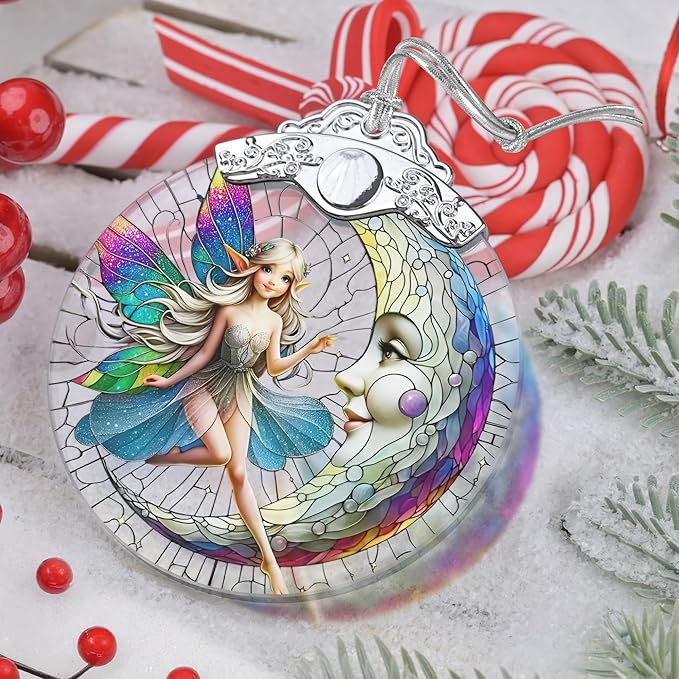Moon and Fairy Christmas Ornament - Stained Glass Hanging Decor - Tree Decoration - Gifts for Women, Her, Mom
